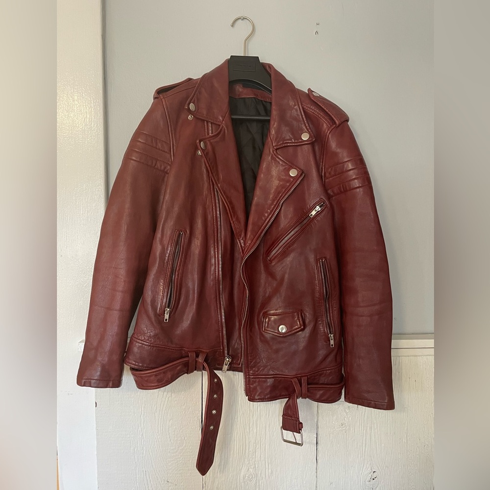 BLK DNM oxblood wine red long leather moto jacket heavy quilted talon zipper